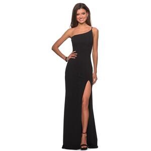La Femme One Shoulder Black Gown With Side Slit Formal Dress Size 6